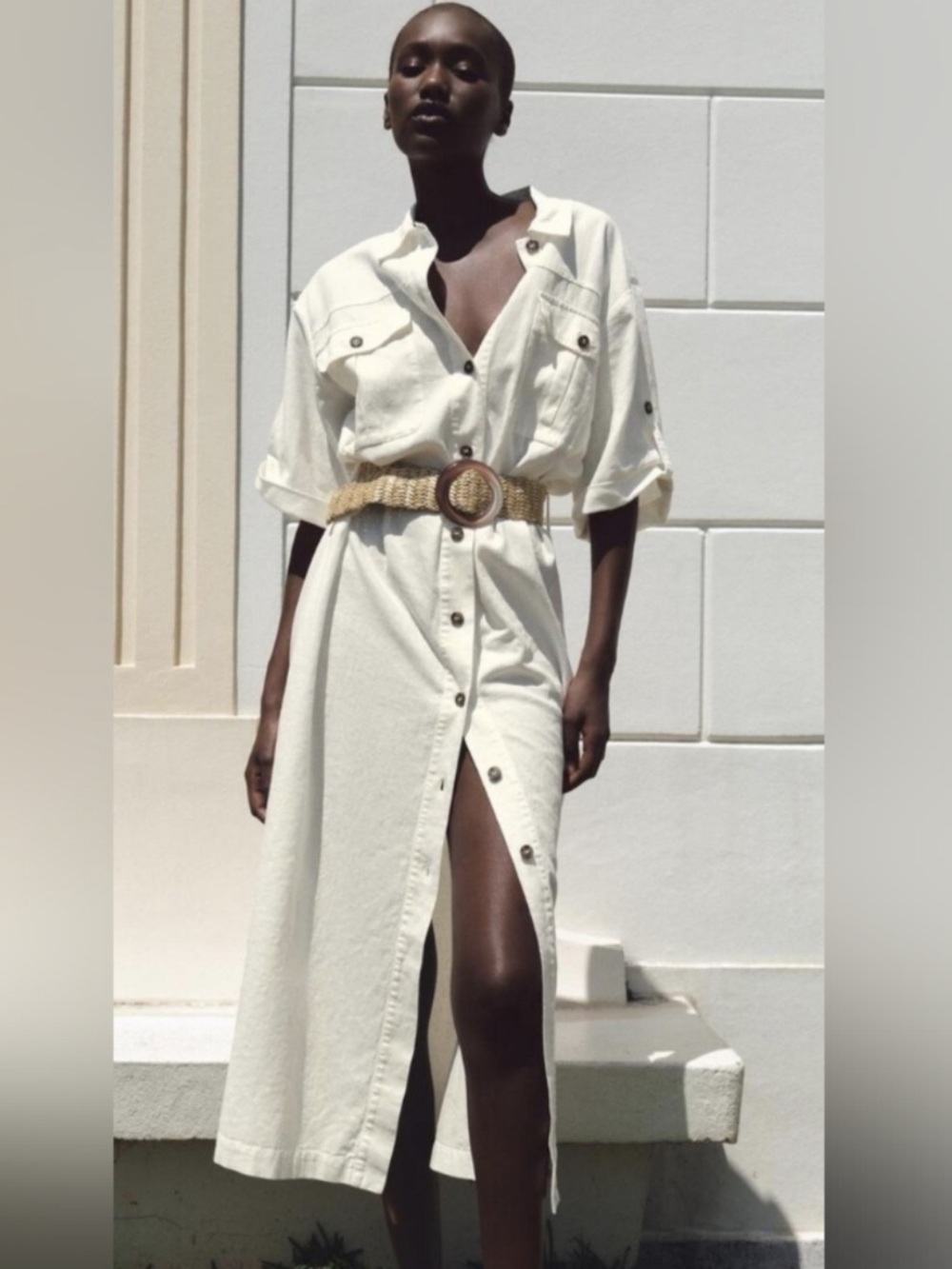 NWOT Zara Cream Button-Front Midi Shirt Dress with Woven Belt Size L